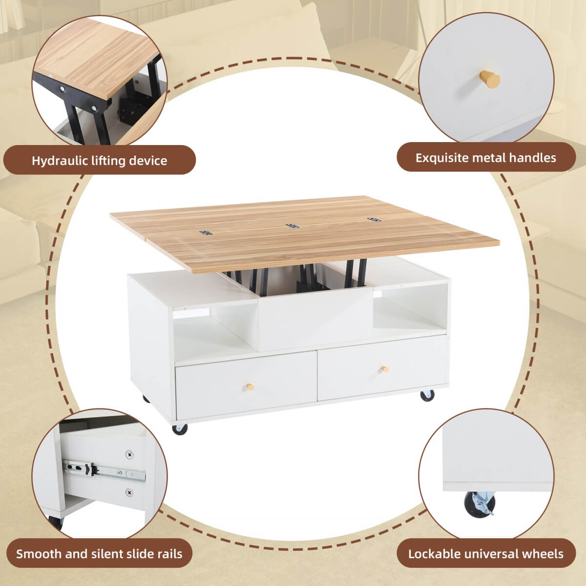 Lift-Top Coffee Table with Storage & Wheels - Extendable Dual Platform Living Room Centre Table