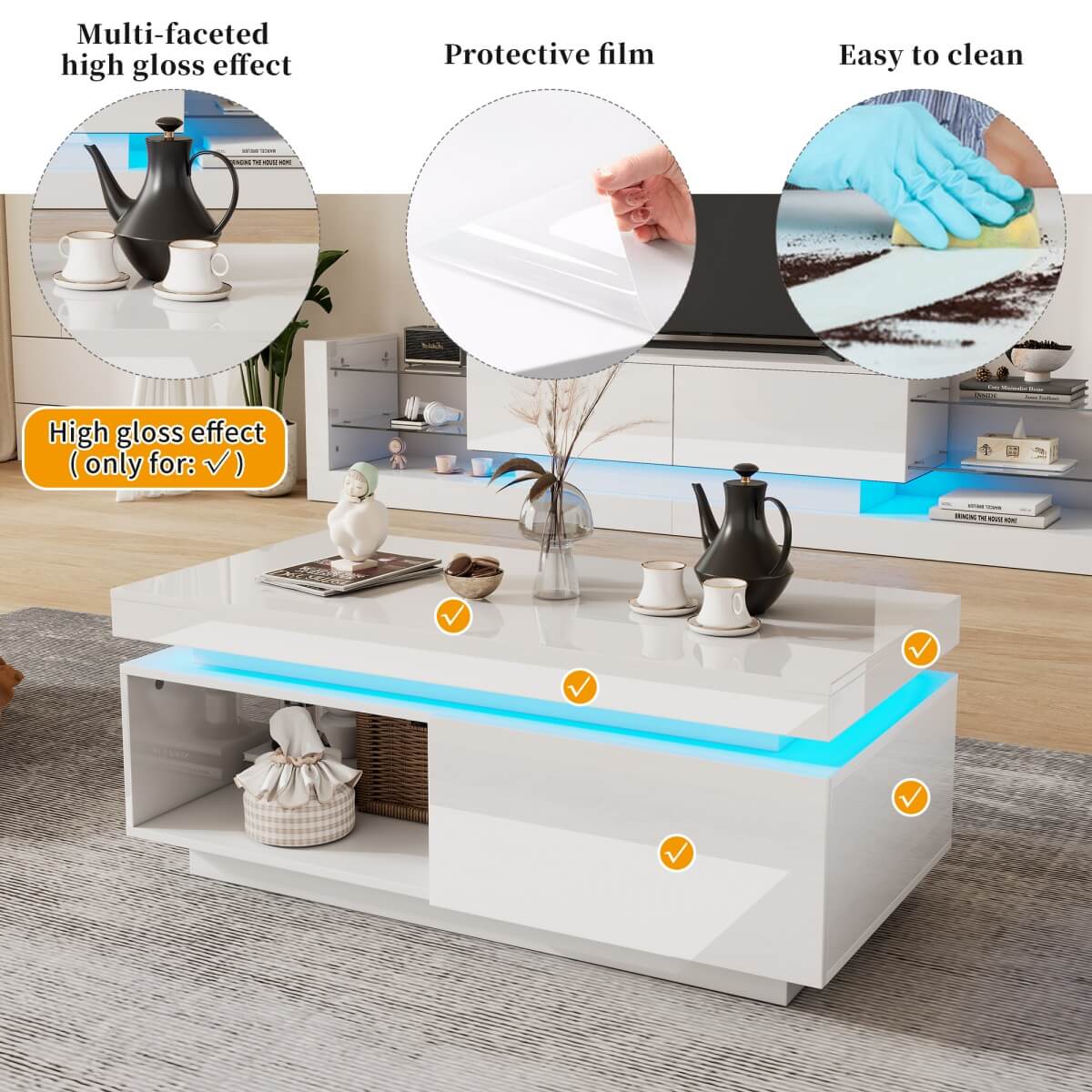 High Gloss Coffee Table – LED RGB Lights, Drawer Storage & Open Shelf, White