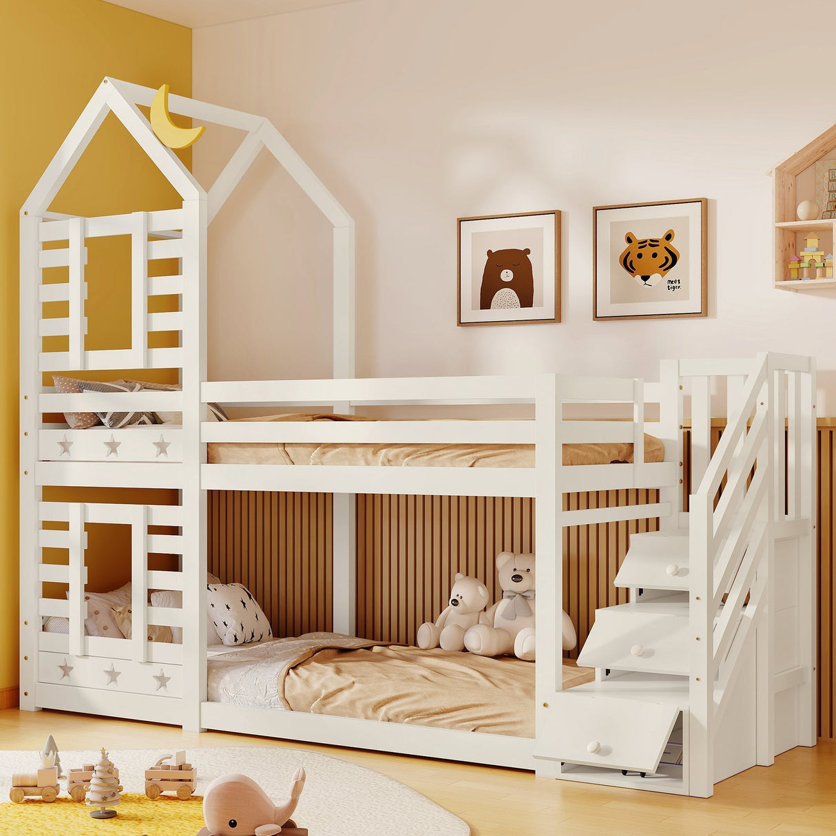 Bunk Bed, Children Cabin Single Bed with Window, 190x90cm Solid Pine Wood, White