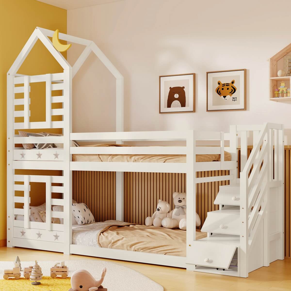 3ft White Wooden Cabin Bunk Bed for Kids - Single Bed with Storage & Window, Pine Wood