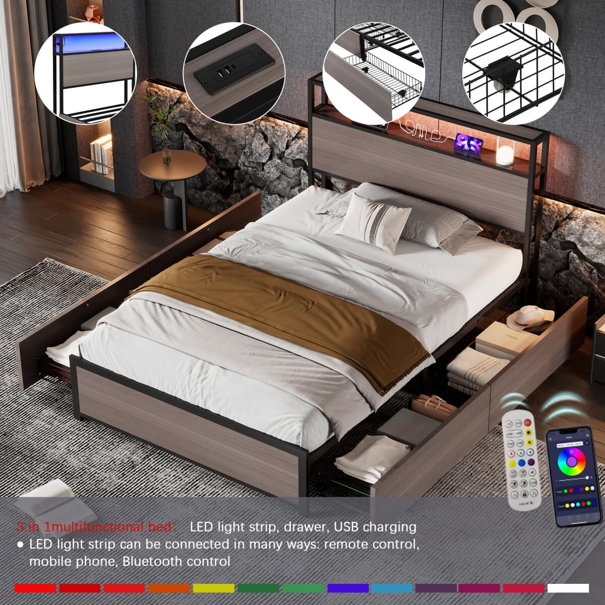 3FT Metal Bed Frame with LED Lights & 4 Drawers - Single Storage Bed with USB & Type-C Charging, Grey