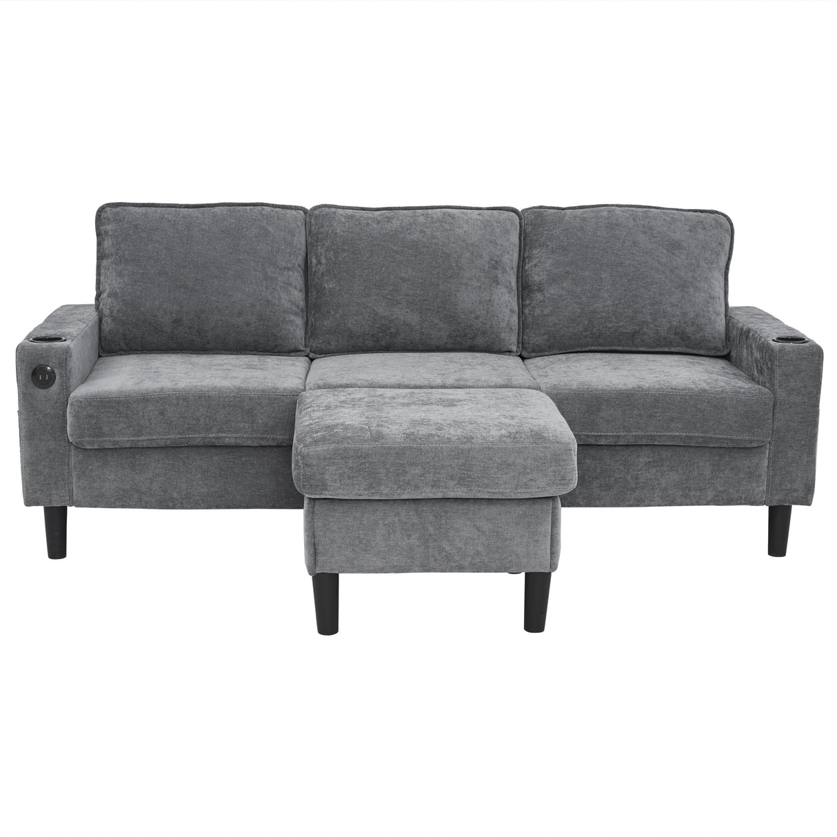 L-Shaped Couch Sofa, Corner 3 Seater Sectional with USB and Cup Holder (Grey)