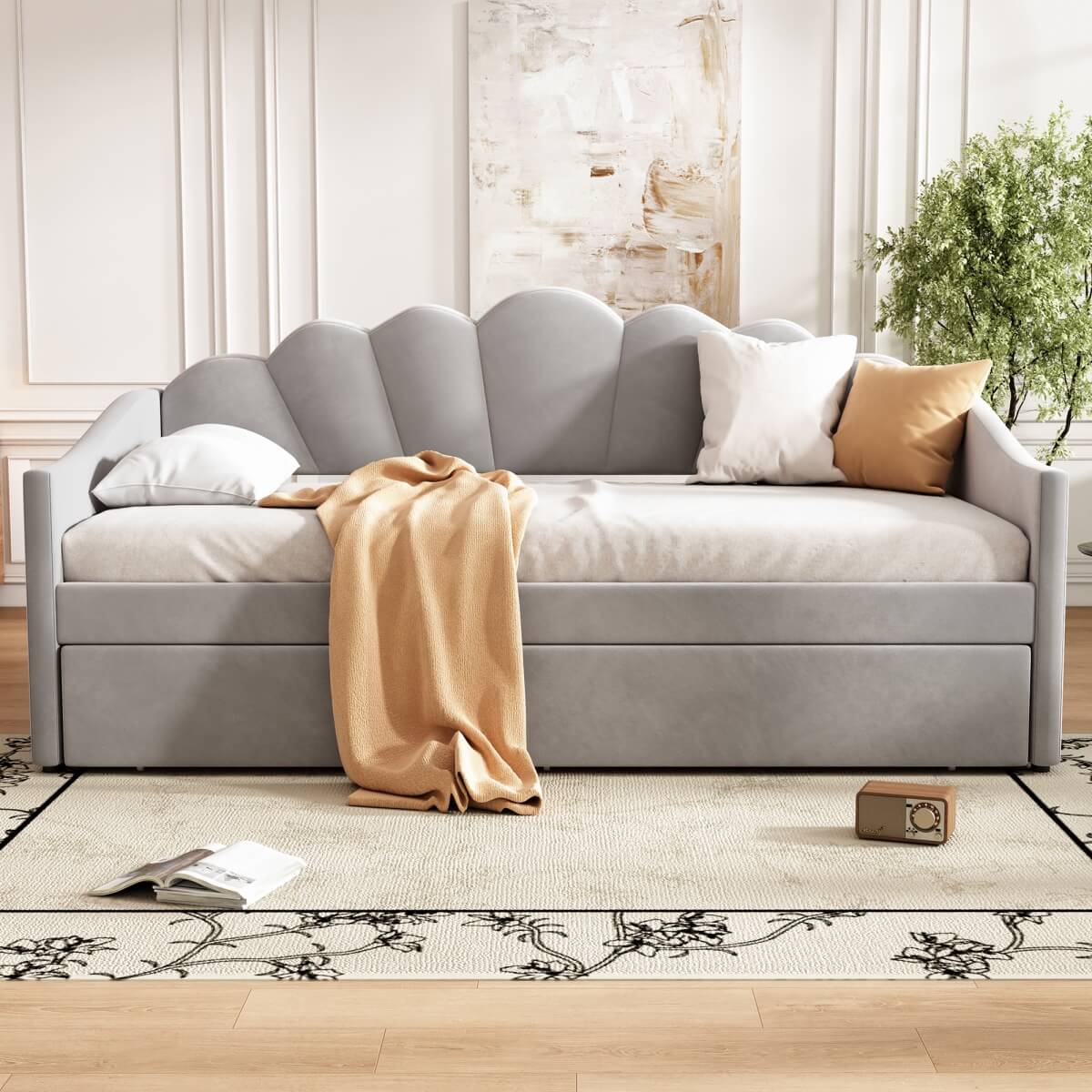 3ft Single Upholstered Day Bed - Velvet Sofa Bed with Pull-Out Trundle Bed, Grey