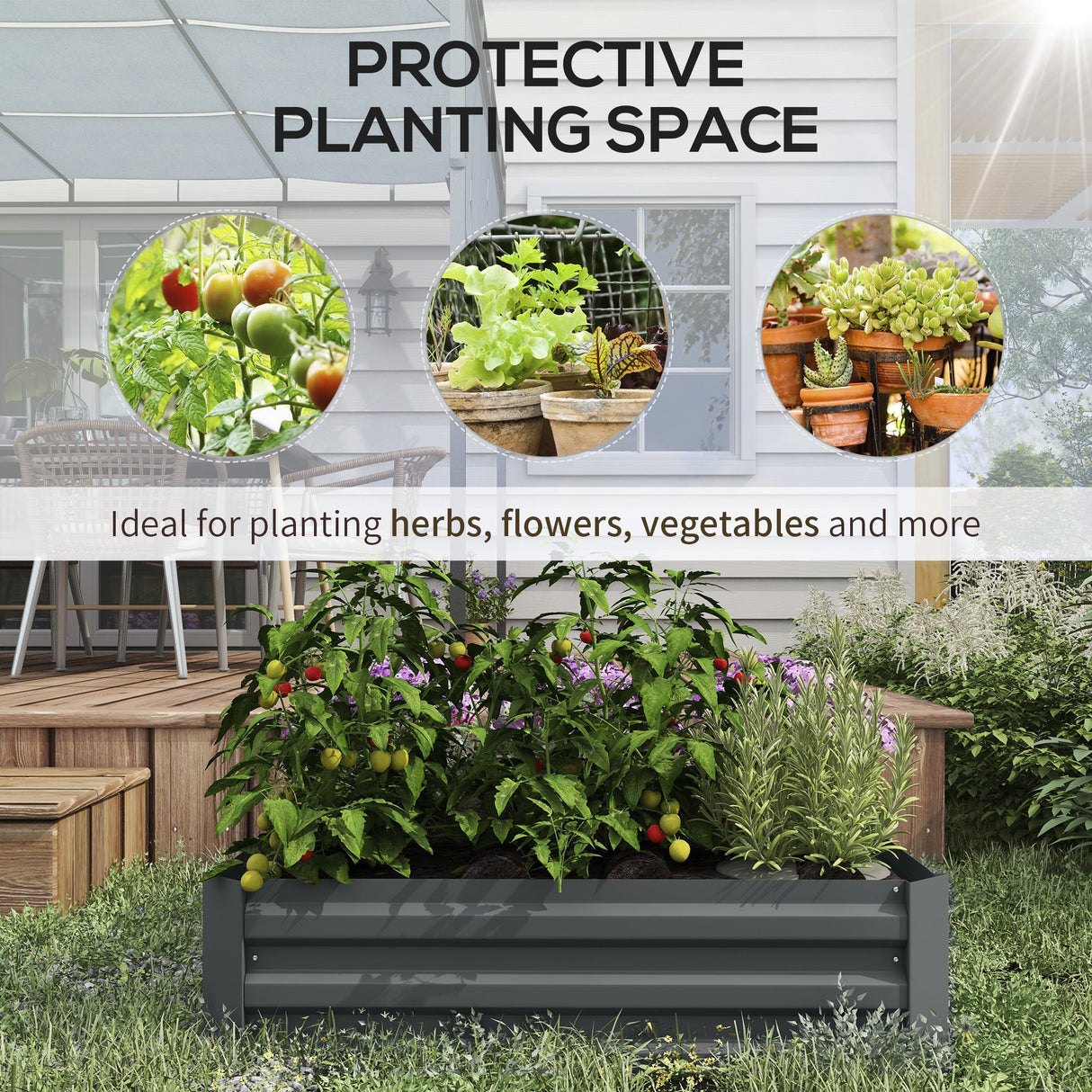 291L Raised Garden Bed, Elevated Galvanised Planter Box for Flowers, Herbs, Dark Grey