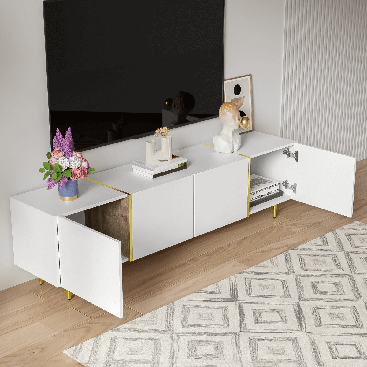 High-Gloss White TV Cabinet – Modern 4-Door TV Stand for Living Room
