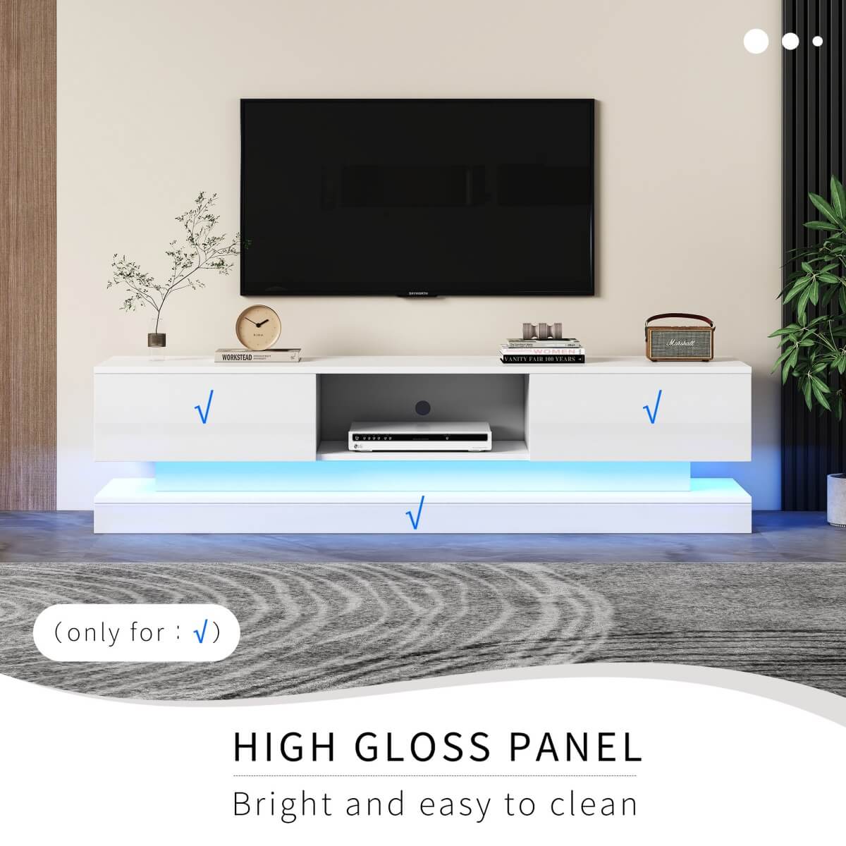 160cm High Gloss LED TV Stand - White TV Cabinet with 2 Drawers & Open Storage