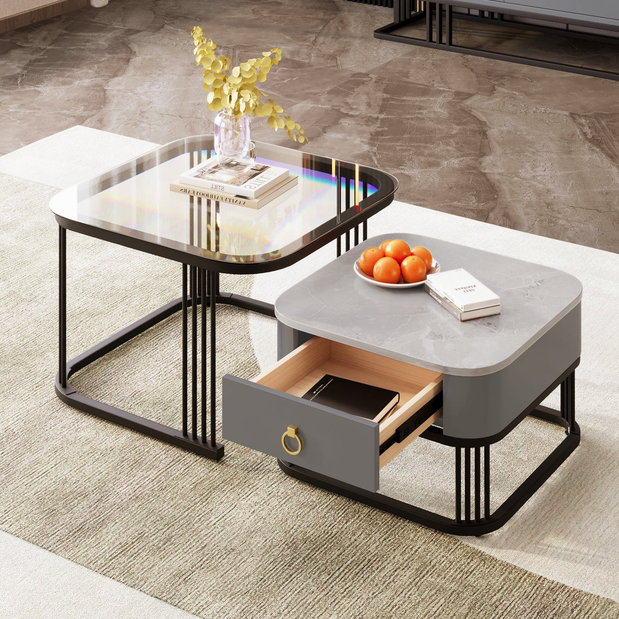 Nestable Coffee Table: High-Gloss Marble Exterior, Glass Tabletop, Black Table Legs, Side Table with Drawer (Set of 2)