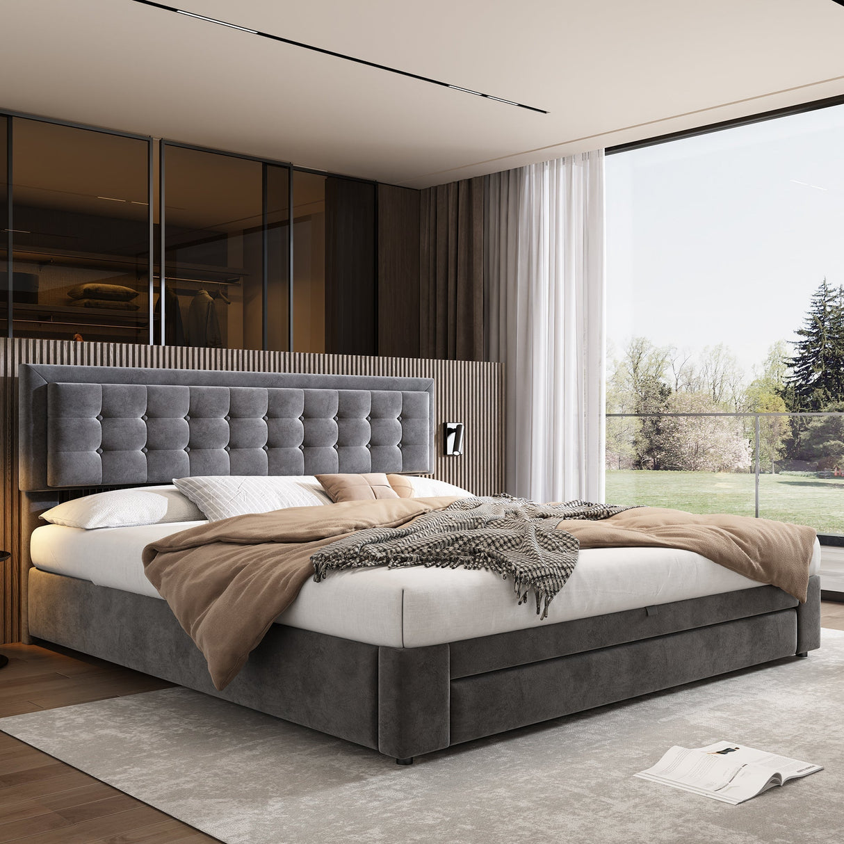 Upholstered Bed, King Size (150x200cm) with Storage, Slats & Headboard, Velvet Fabric, Grey