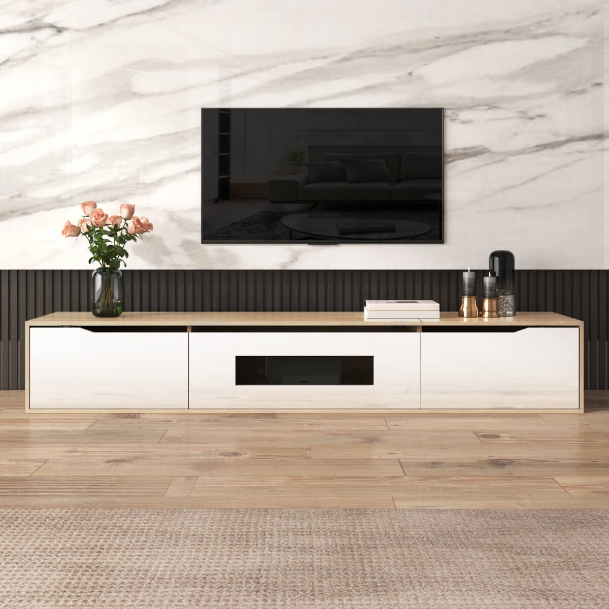 TV cabinet, high gloss, white and wood color, with color changing LED light