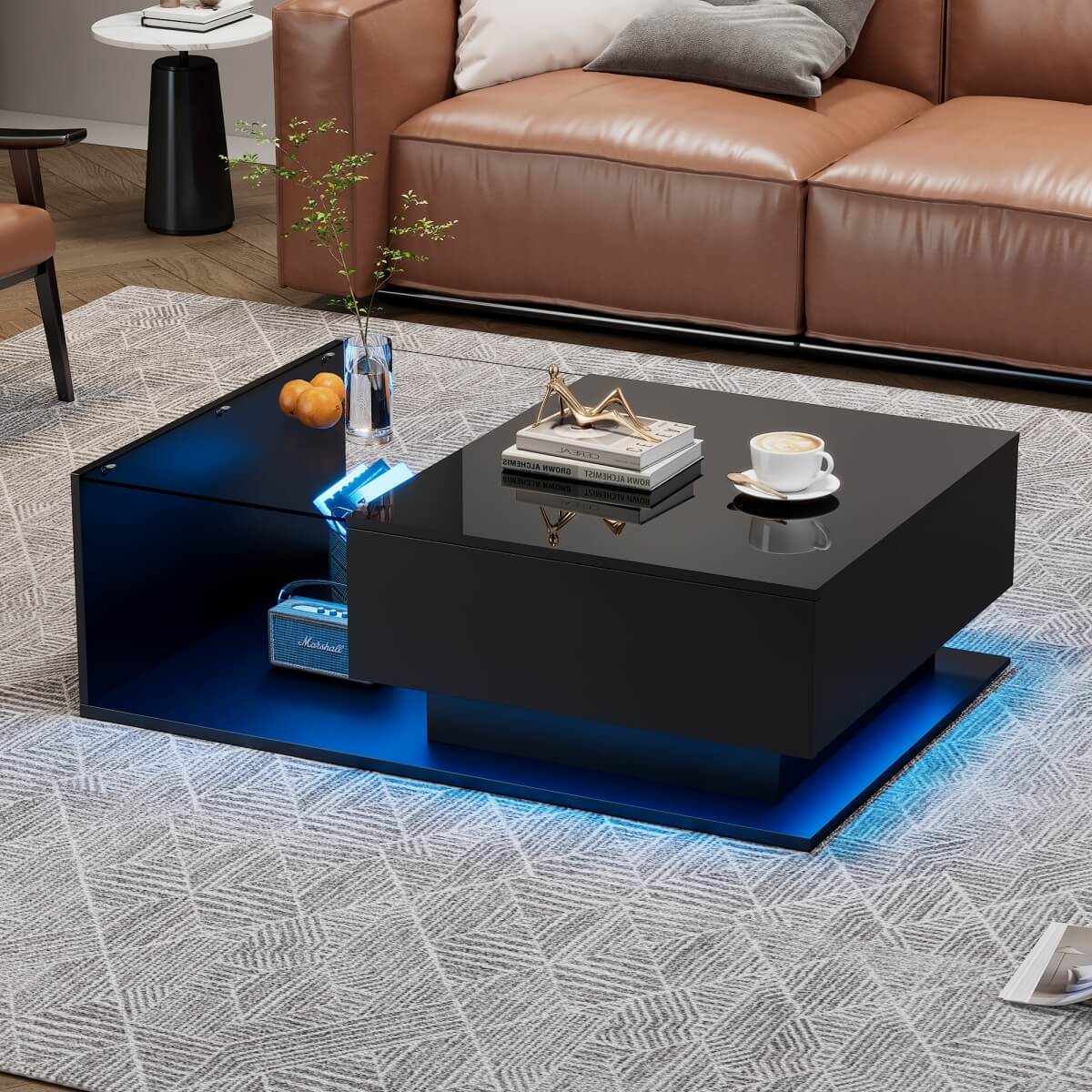 LED Coffee Table with Drawer - High Gloss, Glass Top, Black