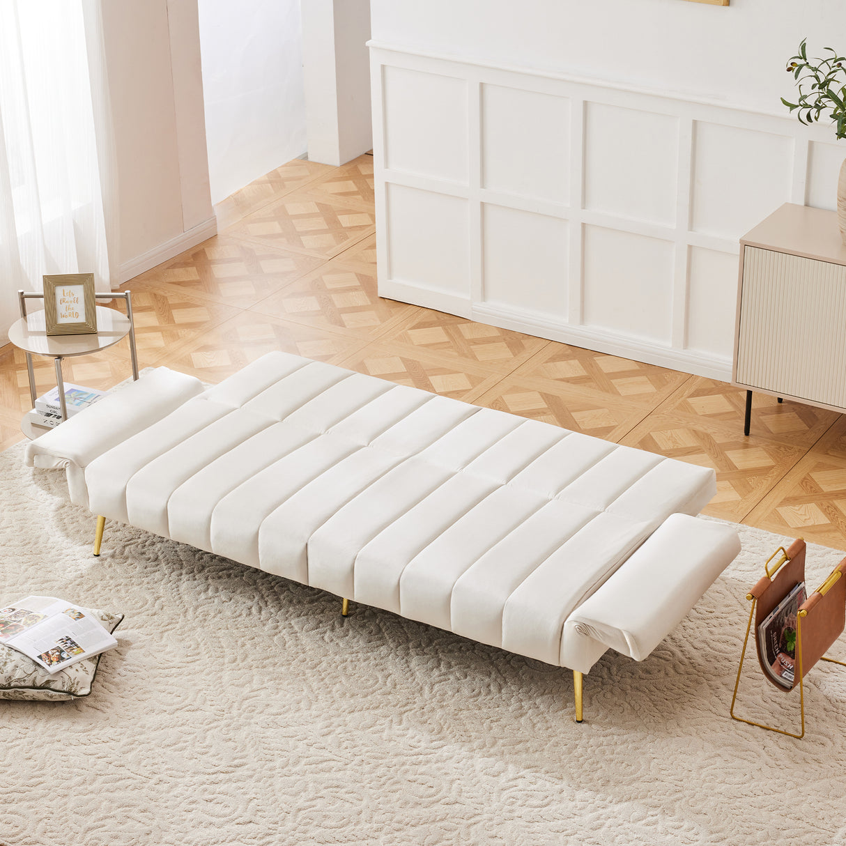 Modern Adjustable Velvet Sofa Bed with MultiPosition Backrest & Armrests, Metal Legs, Convertible Sleeper Function, Ideal for Living Room, Bedroom, Home Theater & Guest Room, Beige, Video Included