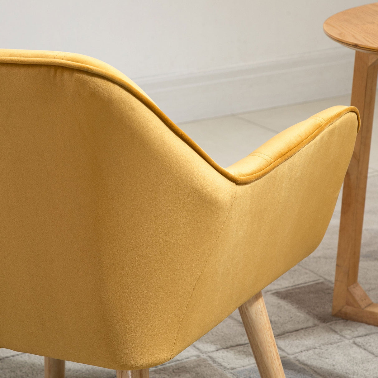 Modern Armchair, Accent Chair with Wide Arms, Slanted Back, Rubber Wood Legs, Yellow