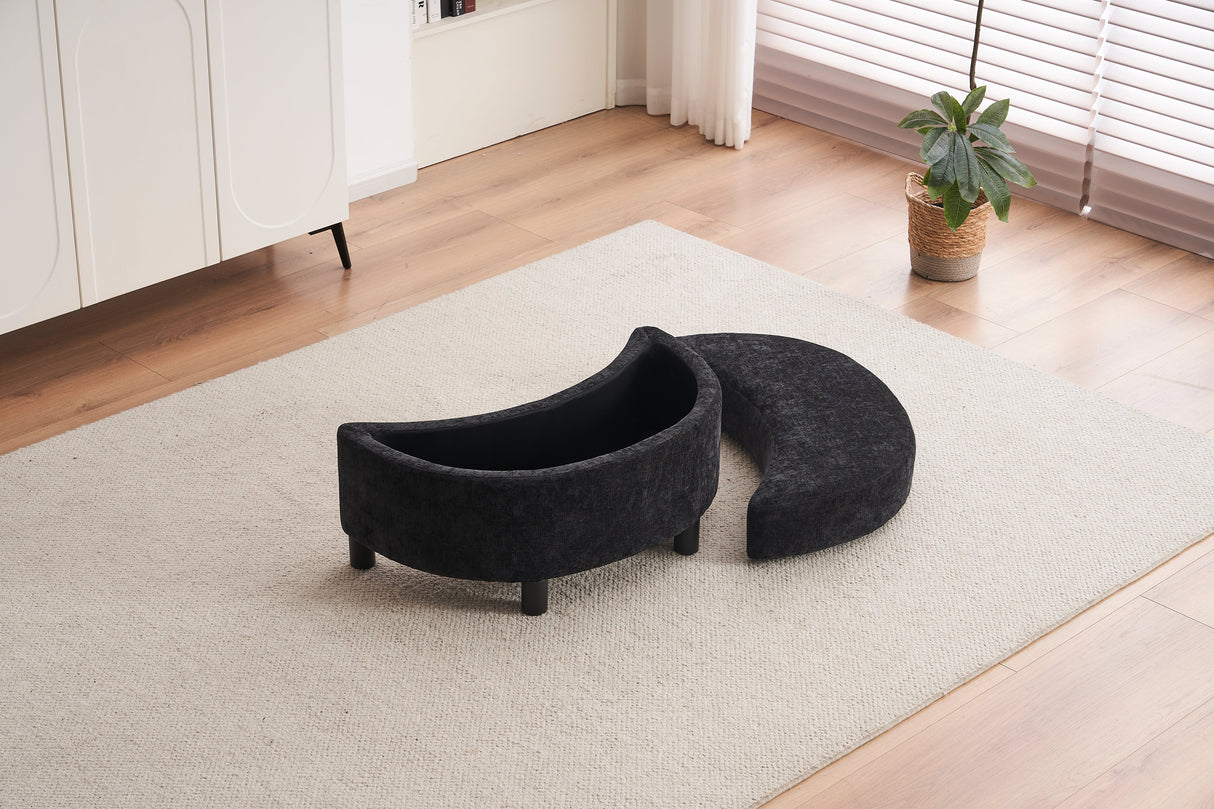 Chenille Swivel Armchair: 3 Back Cushion Pillow Ottoman Crescent Stool, Black