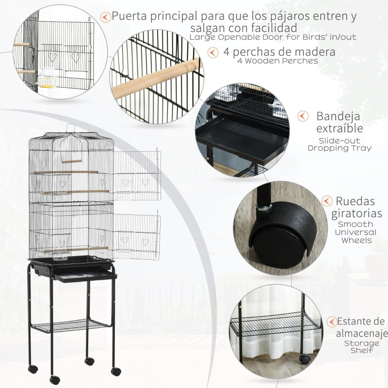 Bird Cage with Stand Wheels Slide-out Tray Storage Shelf, Black