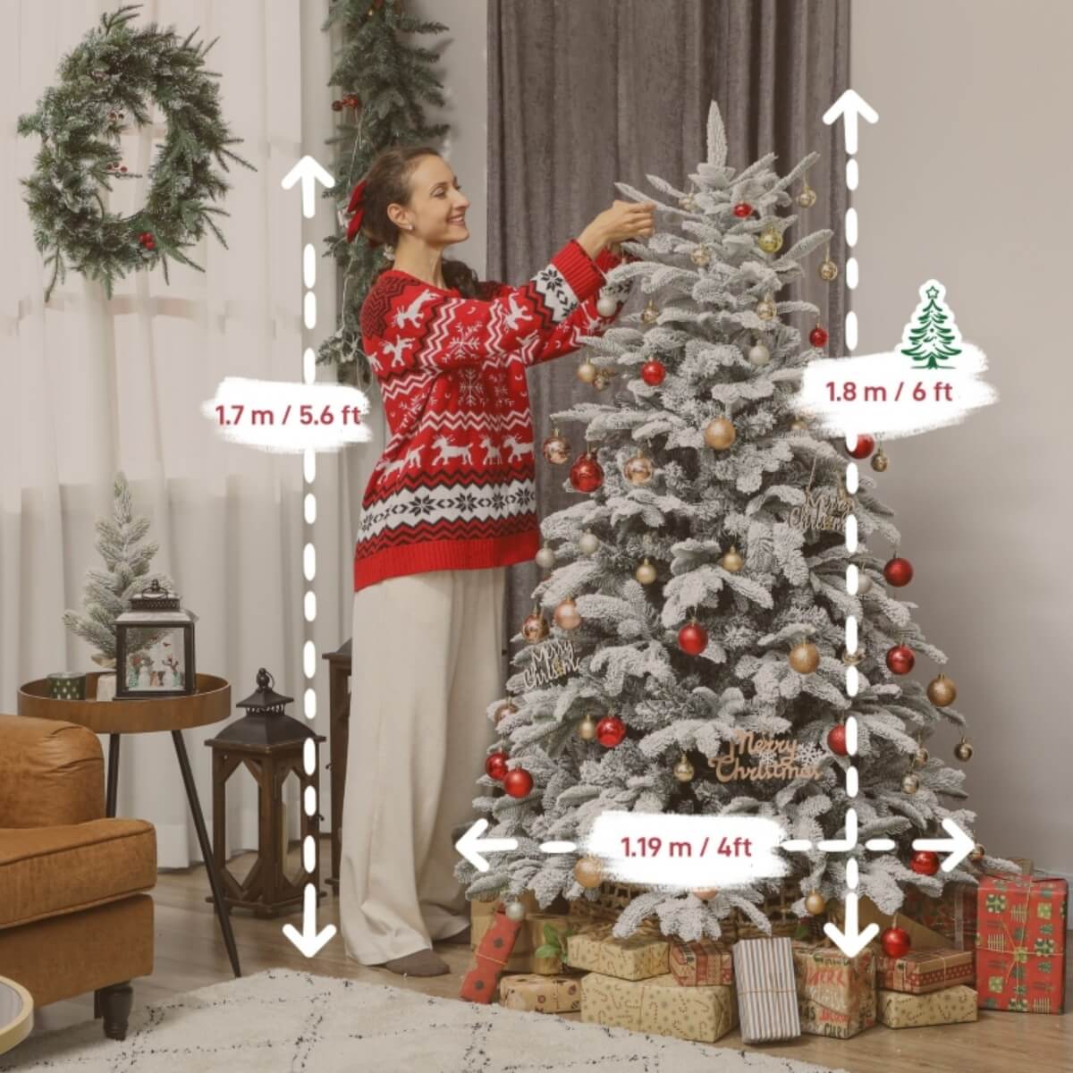 6FT Artificial Flocked Christmas Tree - Full PVC Branches, Hinged Design, Foldable Metal Stand, Easy Assembly