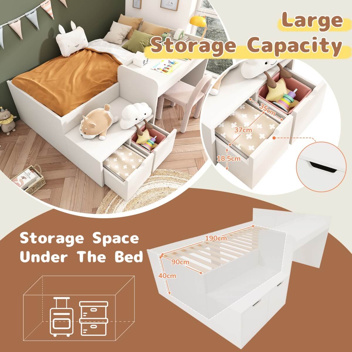 3ft Kids Single Bed with Desk & Drawers – White Wooden Storage Bed for Teens & Adults