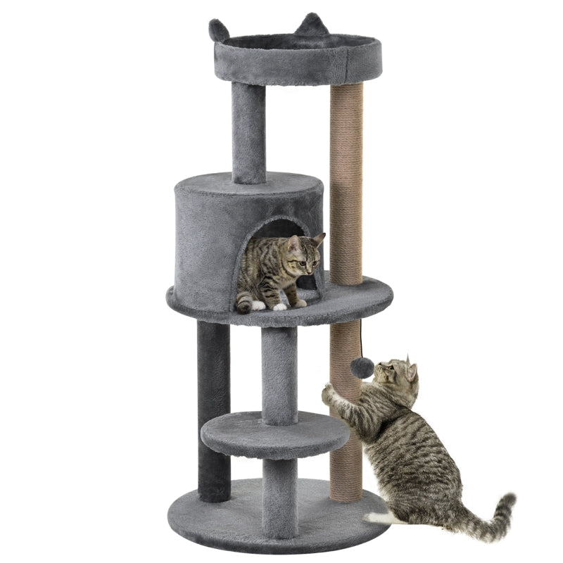 Cat Tree 104 cm, Condo Tower Activity Centre with Scratching Posts, Plush Perch, Hanging Ball - Grey