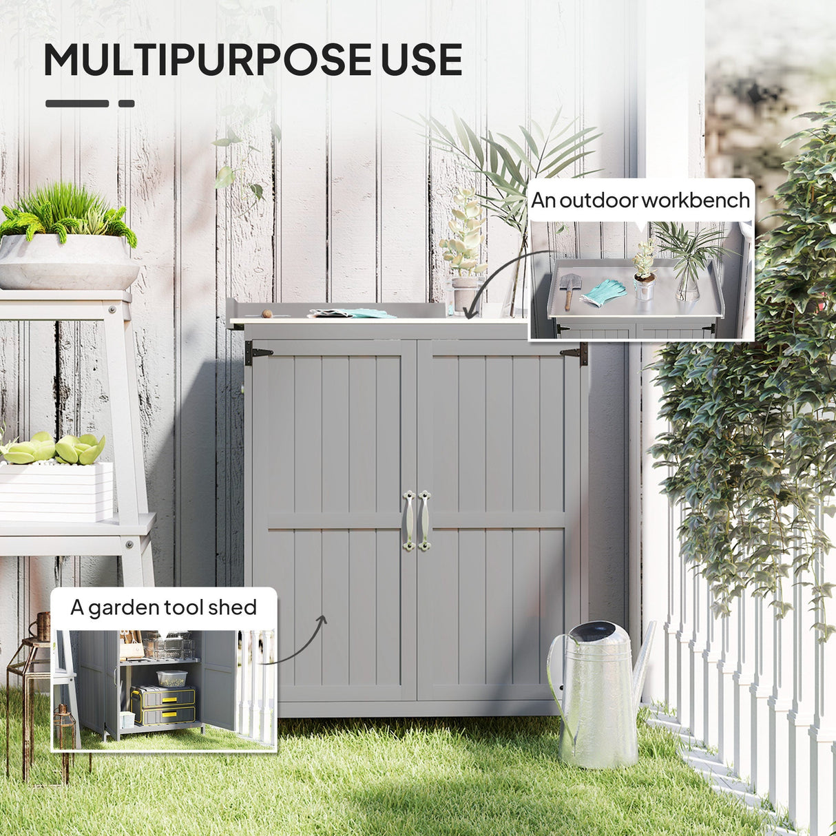 Wooden Garden Shed, Garden Tool Storage Shed with Hinged Roof and Shelf, Grey