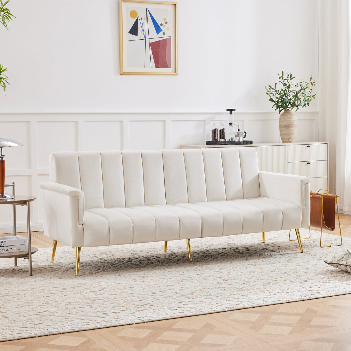 Modern Adjustable Velvet Sofa Bed with MultiPosition Backrest & Armrests, Metal Legs, Convertible Sleeper Function, Ideal for Living Room, Bedroom, Home Theater & Guest Room, Beige, Video Included