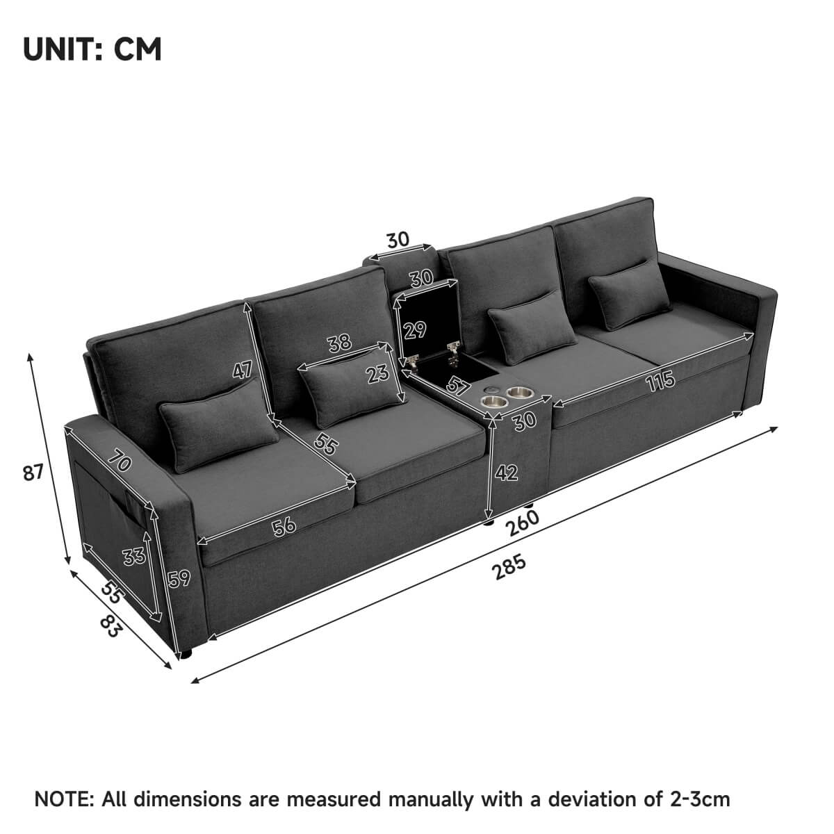 4-Seater Modern Sofa - Grey Linen, Storage Console, Cup Holders & USB/Type-C Charging