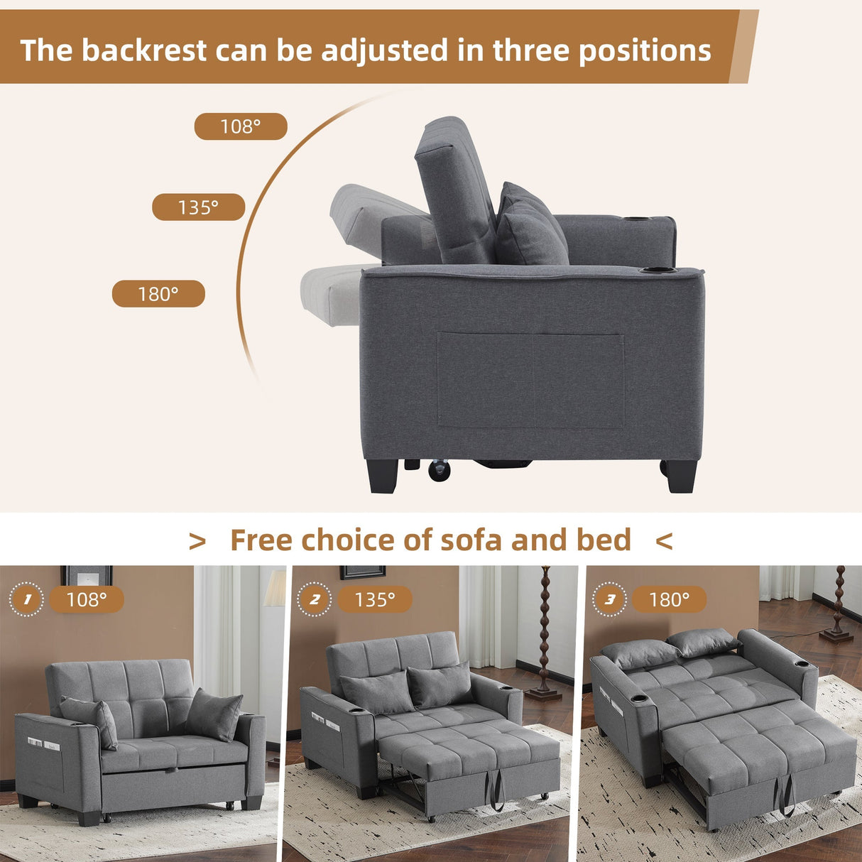 2 Seater Sofa Bed with Cup Holders, Pull Out Sleeper Sofa, Grey Fabric