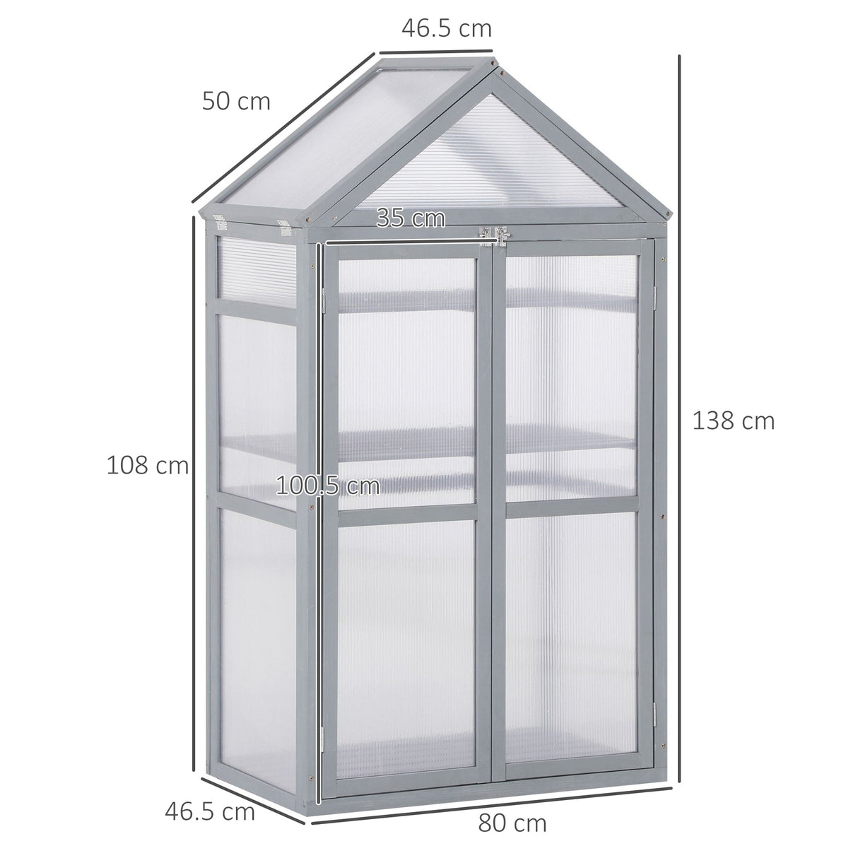 Garden Cold Frame Polycarbonate Greenhouse with Adjustable Shelves, Double Doors, Openable Top, Grey