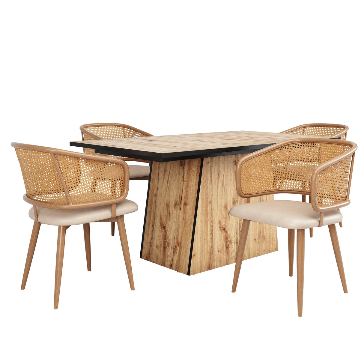 Modern Dining Chairs (4 pcs) with Rattan Backrest & PU Leather Seat, Beige