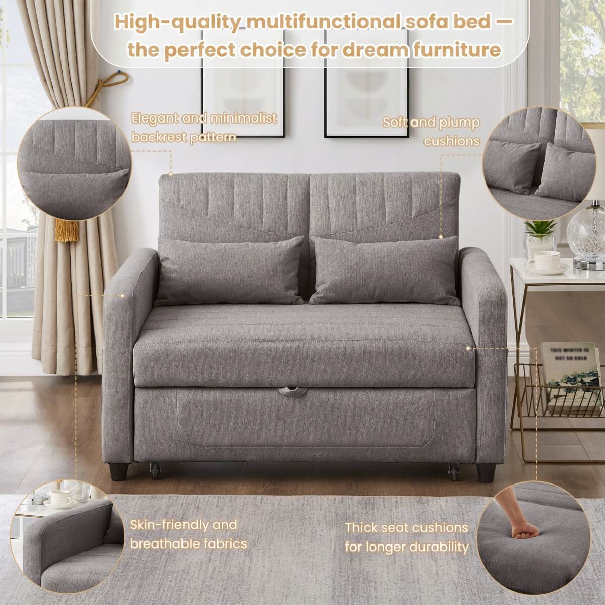 2 Seater Pull-Out Sofa Bed with Adjustable Backrest - Convertible Sleeper Sofa, Cotton Linen Fabric, Dark Gray