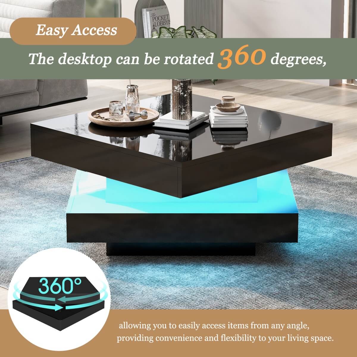 Black High Gloss Coffee Table with 360¡ã Rotating Top & LED