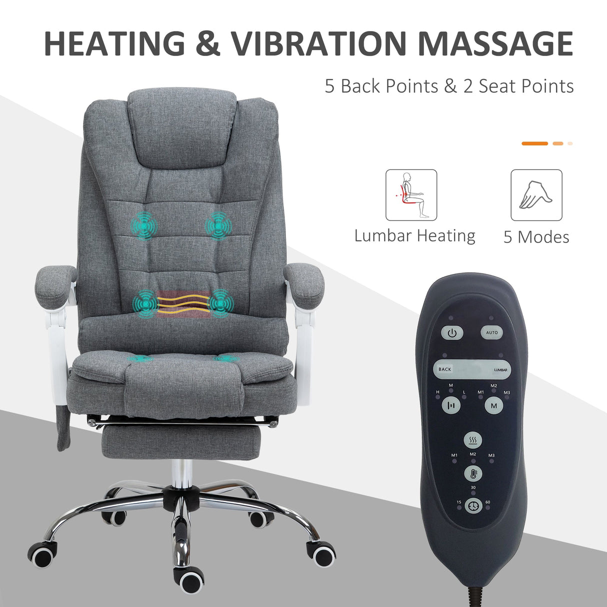 Vinsetto Heated Vibration Massage Office Chair with Footrest, Grey