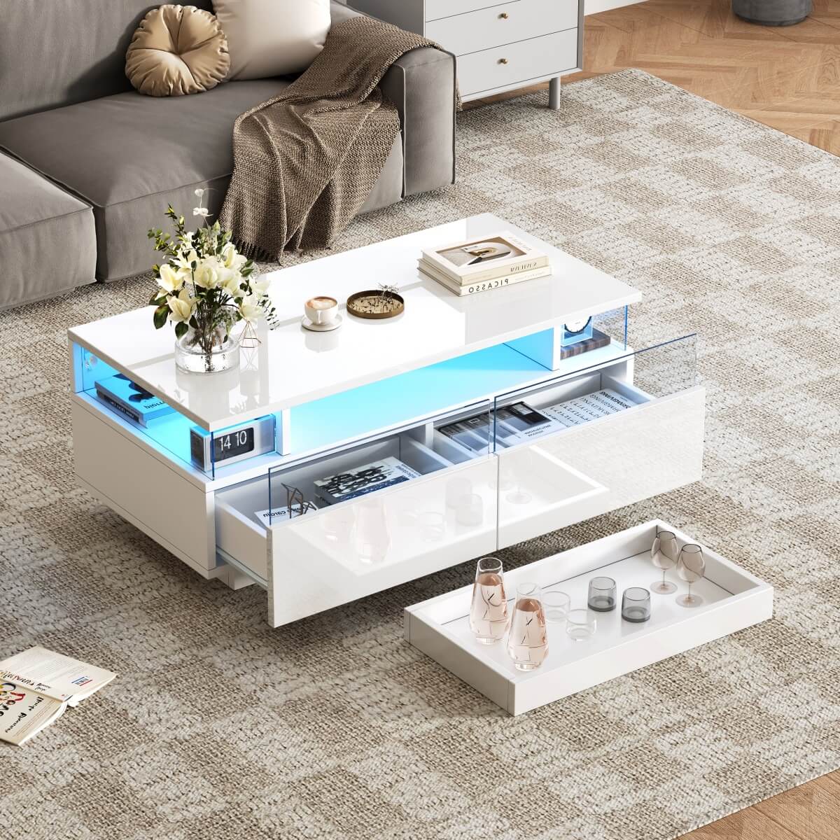High Gloss Coffee Table – White Centre Table with 2 Drawers, LED Lights and Pull-Out Tray