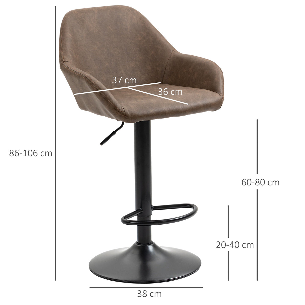 Bar Stools Set of 2, Height Adjustable Swivel with Backs and Armrests, Dark Brown PU Leather
