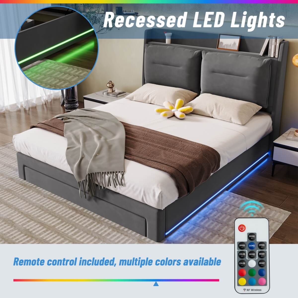 5ft King Size Upholstered Storage Bed – Velvet Hydraulic Bed with End Drawers & Recessed LED Light Strips