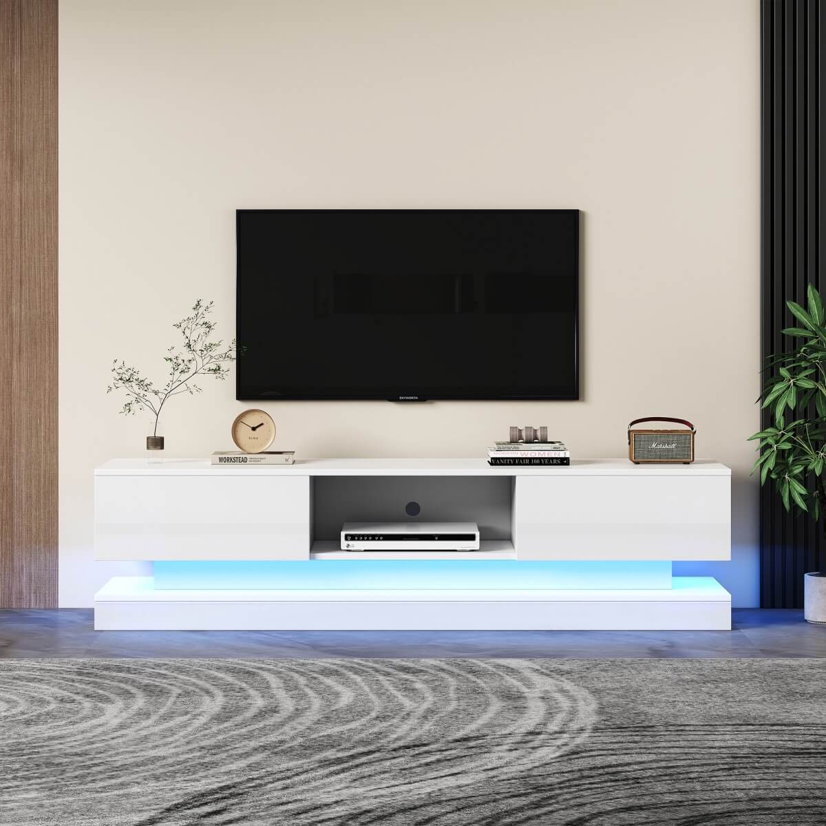 160cm High Gloss LED TV Stand - White TV Cabinet with 2 Drawers & Open Storage