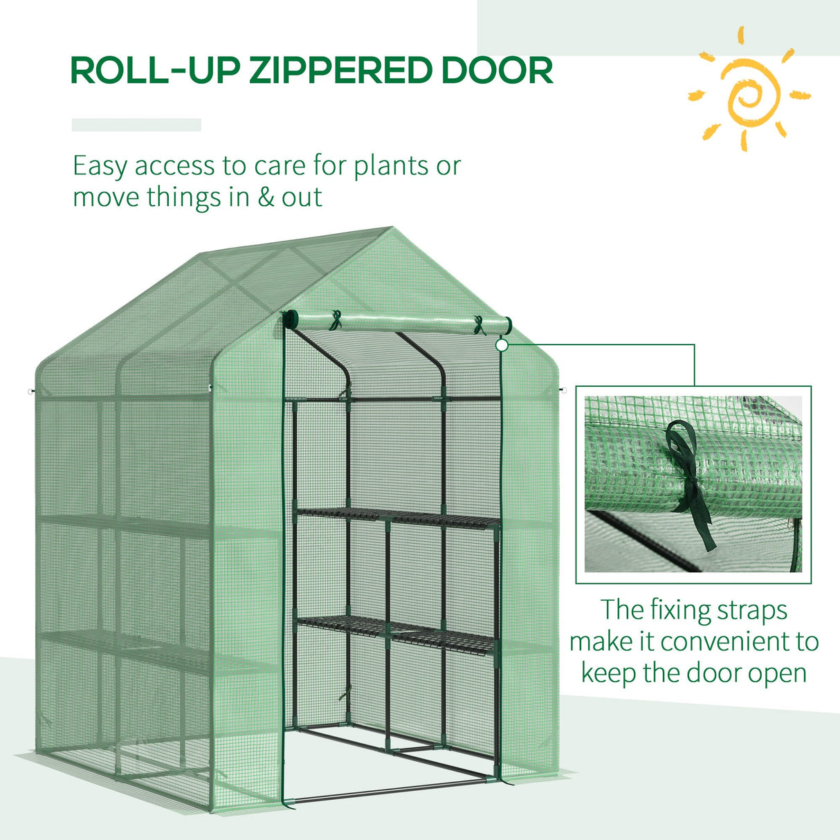 Walk in Greenhouse with Shelves, Steeple, Removable Cover, Green