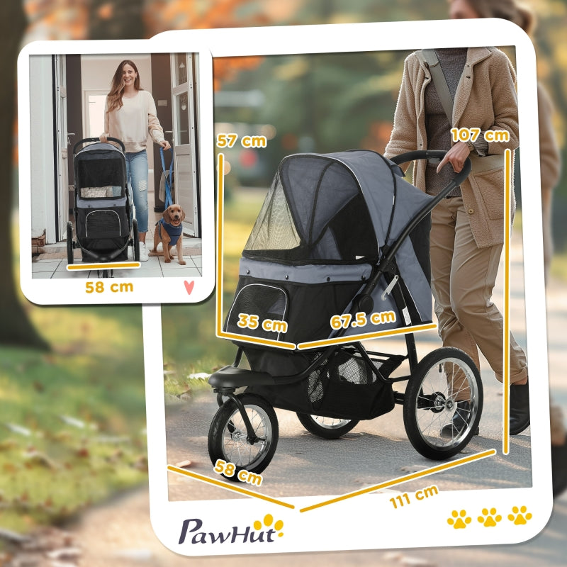 Pet Stroller Jogger, Foldable with Adjustable Canopy, 3 Big Wheels, Grey