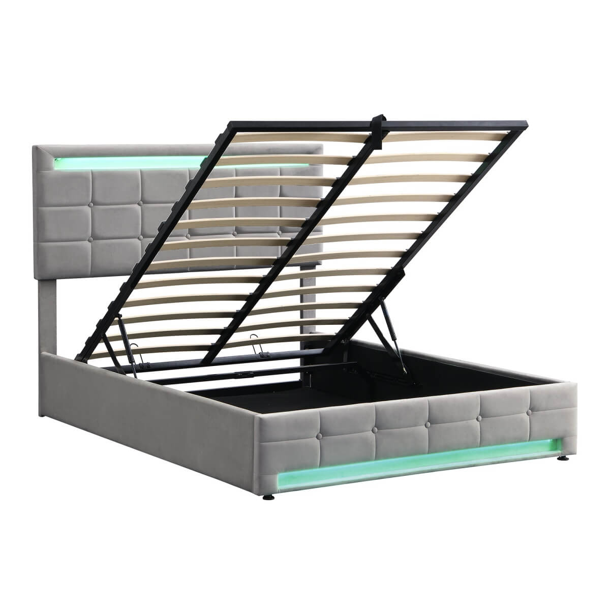 4ft6 Double Velvet Ottoman Bed - LED Storage Bed Frame with 7 Colour Lights, Grey
