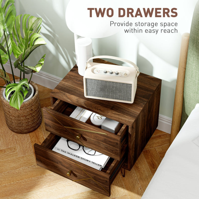 Bedside Tables, Modern Set of 2 with 2 Drawers and Steel Hairpin Legs, Brown Wood Grain