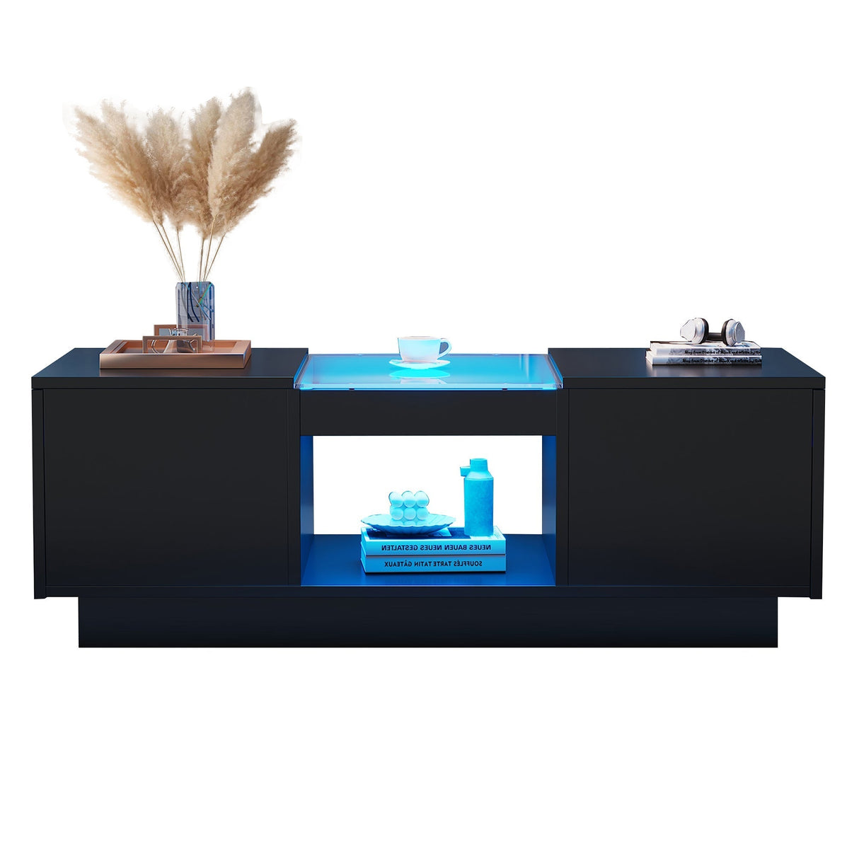 Coffee Table: Modern with Storage & LED Lights, 2 Tiers & 2 Drawers, Large Living Room Center Table, Black Particle Board