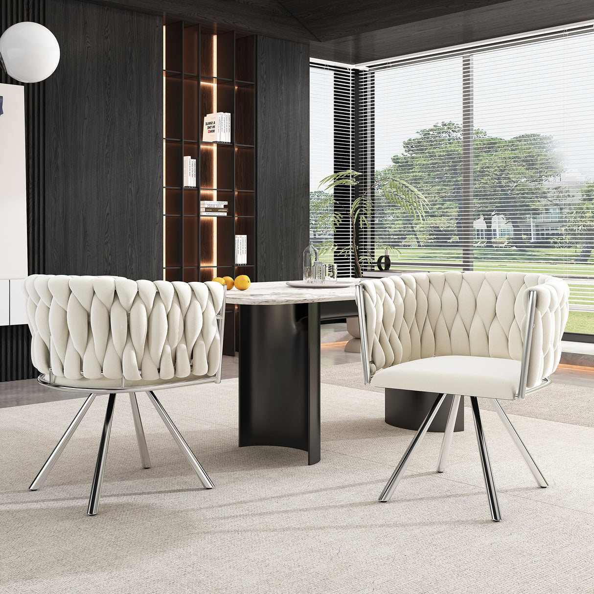 Set of 4, velvet dining chair, single light luxury living room bedroom swivel chair, Leisure swivel chair with four metal support legs, beige+silver