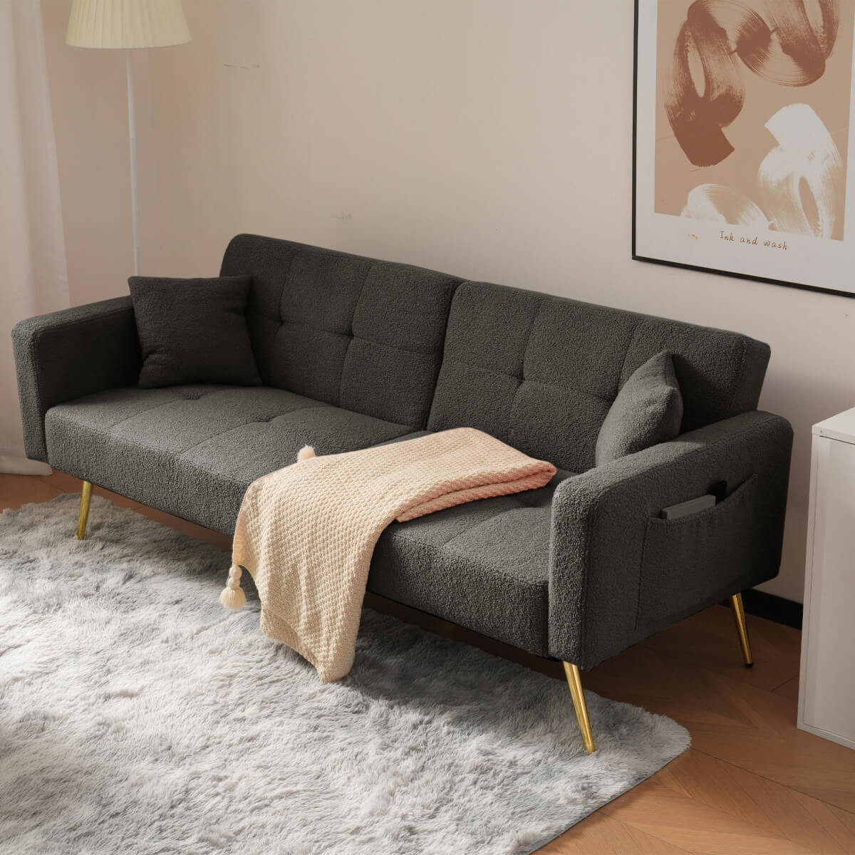Modern Convertible Sofa Bed - Adjustable Recliner with Gold Legs and Side Storage Pockets, Dark Gray