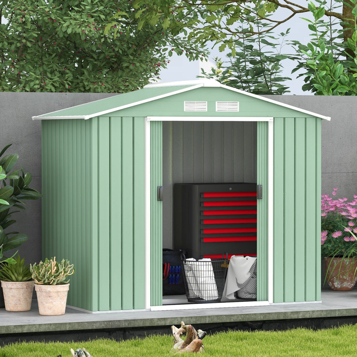 Metal Garden Shed 7 x 4ft, Outdoor Storage Tool House with Ventilation Slots, Foundation Kit and Lockable Double Doors, Light Green