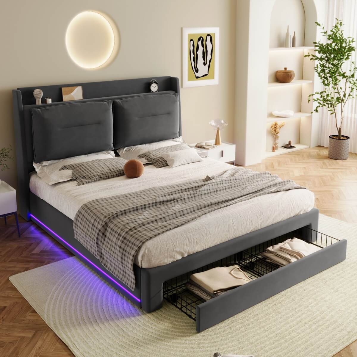 5ft King Size Upholstered Storage Bed – Velvet Hydraulic Bed with End Drawers & Recessed LED Light Strips
