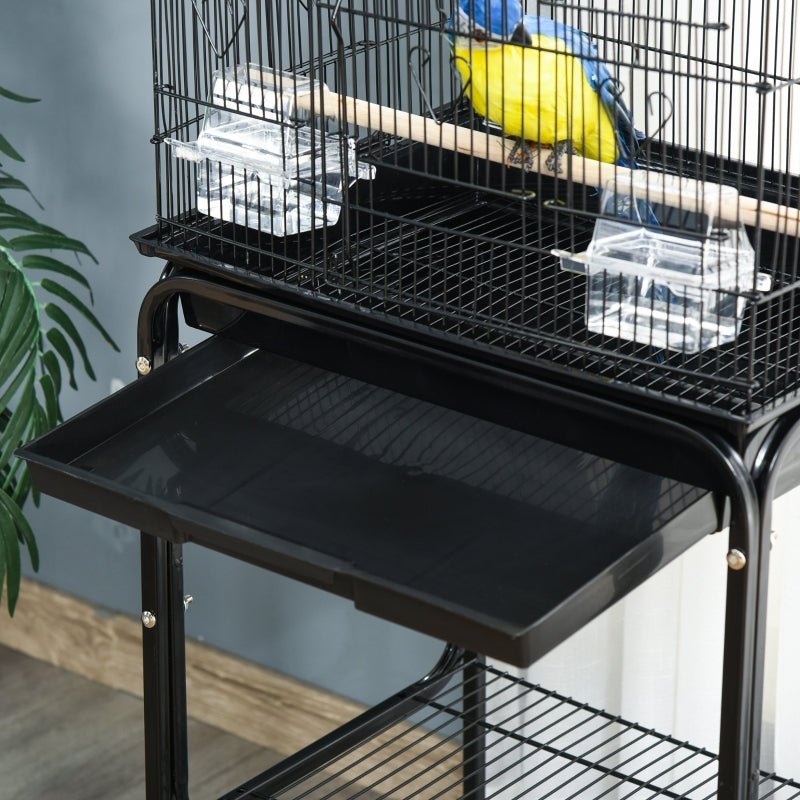 Bird Cage with Stand Wheels Slide-out Tray Storage Shelf, Black