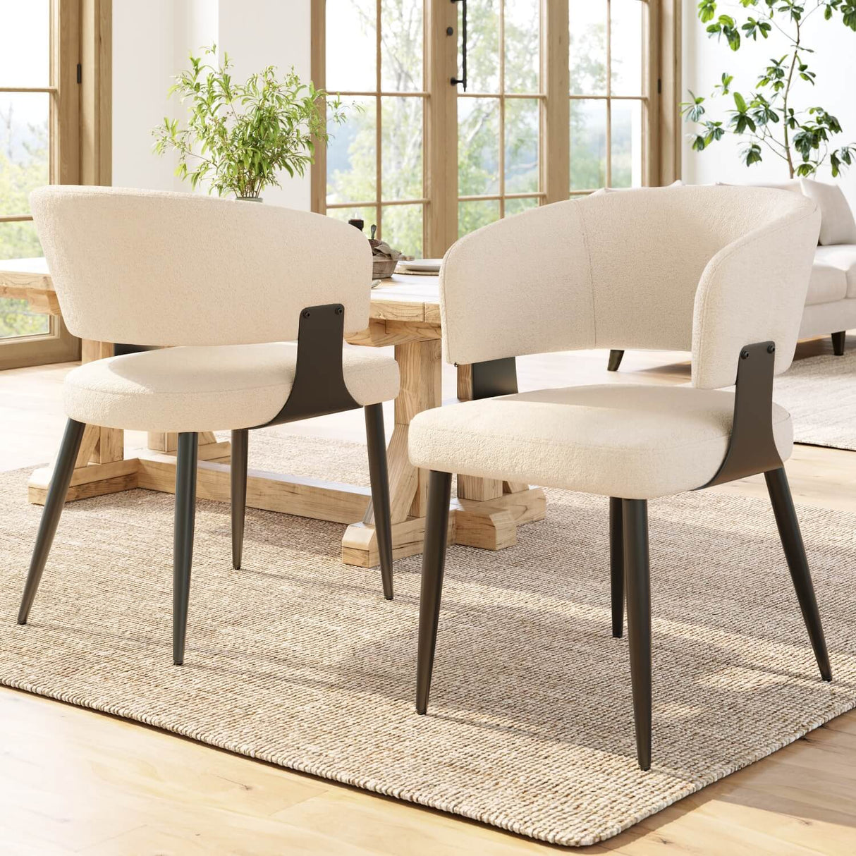 Set of 2 Upholstered Dining Chairs – Curved Backrest, Soft Padded Seat and Metal Legs