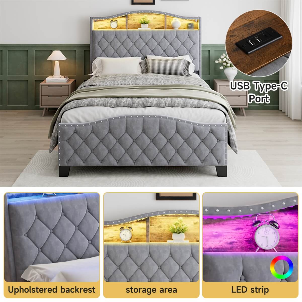 4ft6 Velvet Upholstered Storage Bed with LED Light Strip - Double Bed with Slatted Base, Grey