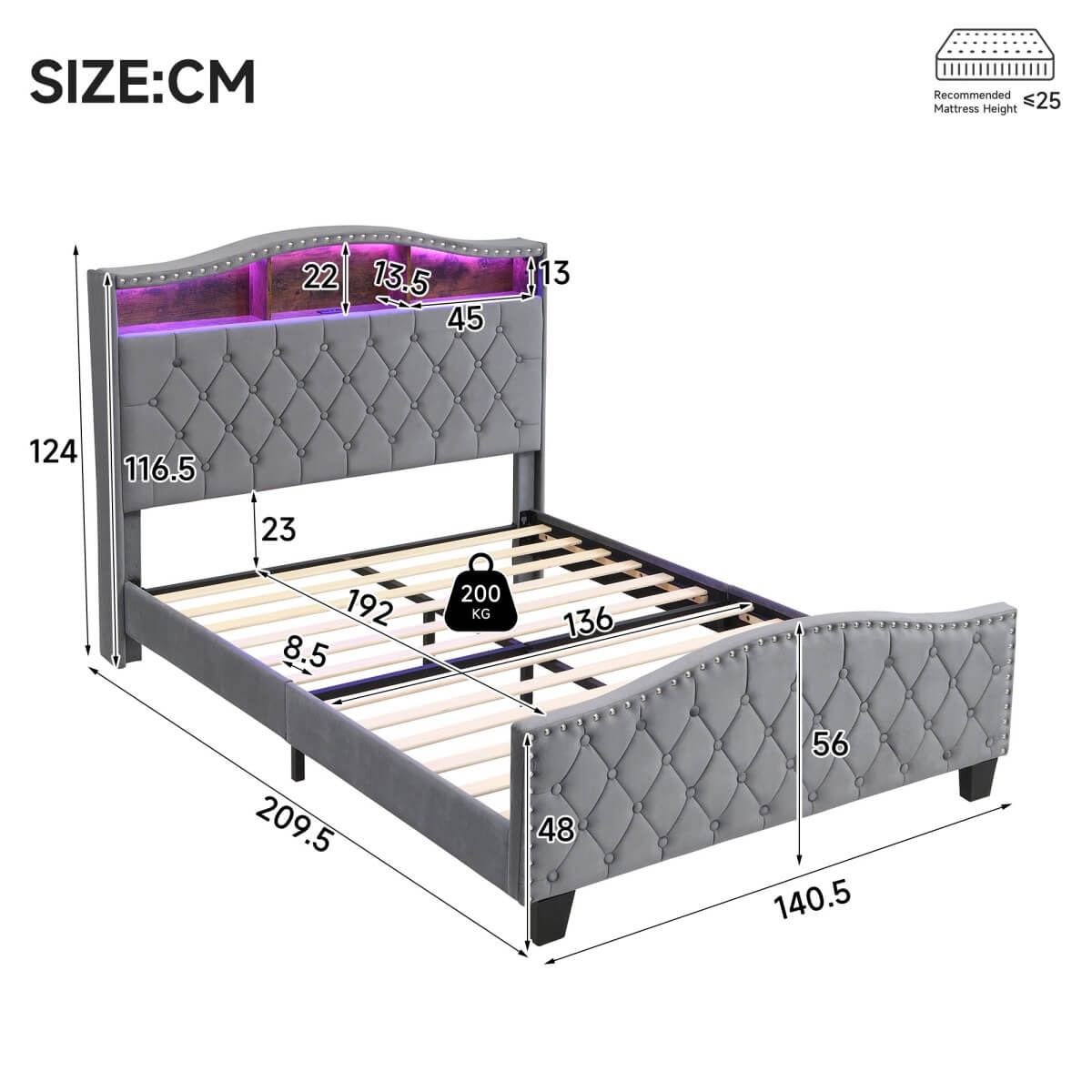 4ft6 Velvet Upholstered Storage Bed with LED Light Strip - Double Bed with Slatted Base, Grey