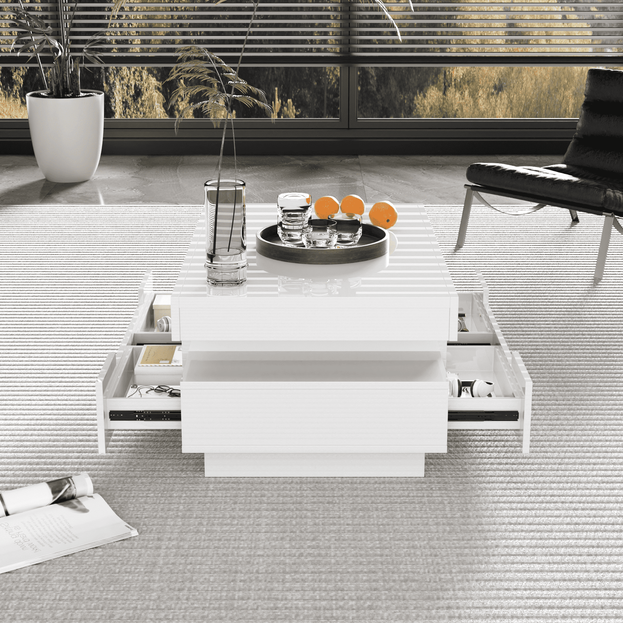 Coffee Table, High-Gloss, LED Light, Four Drawers, Large Storage