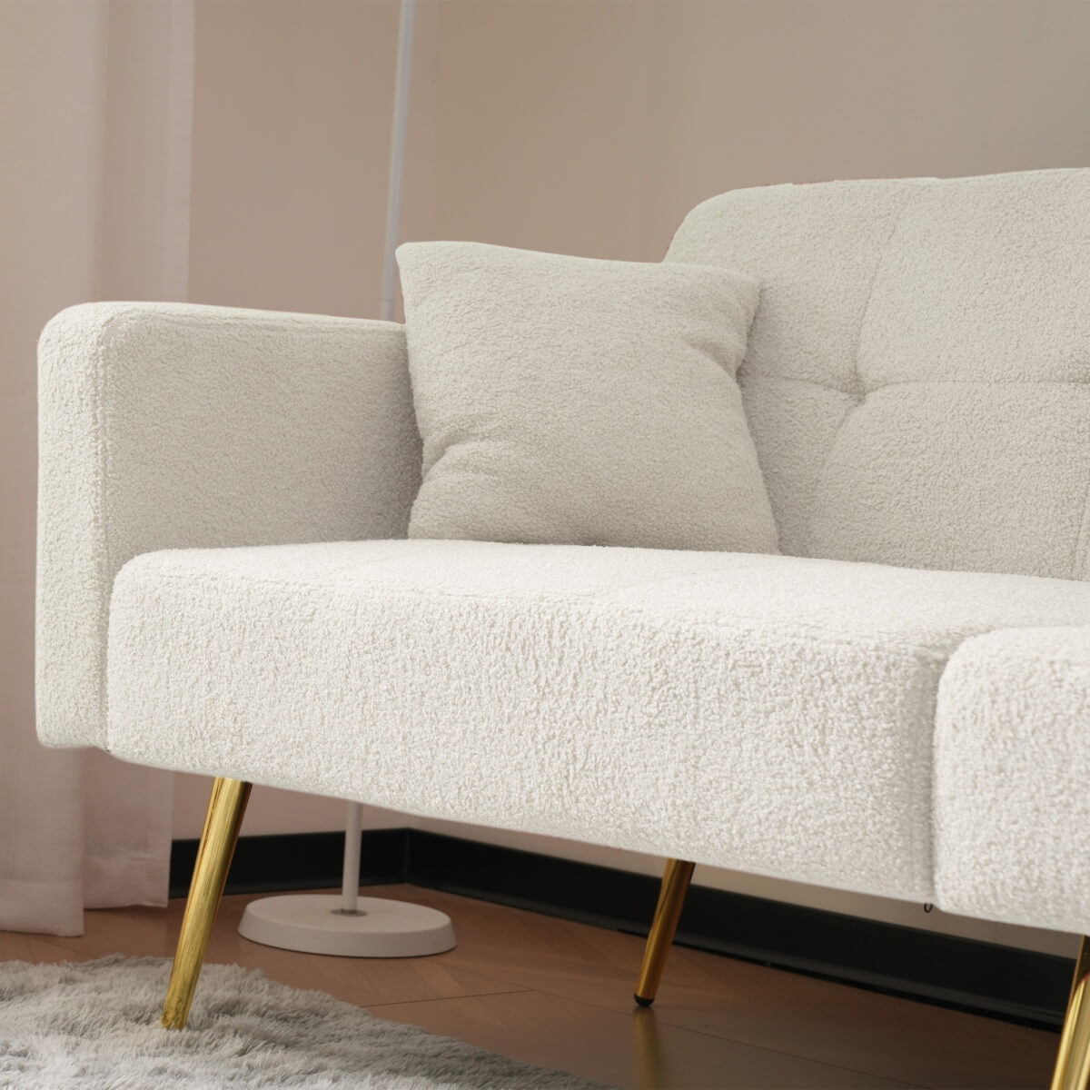 Convertible Sofa Bed - Adjustable Recliner Sofa with Gold Legs and Side Storage Pockets, White