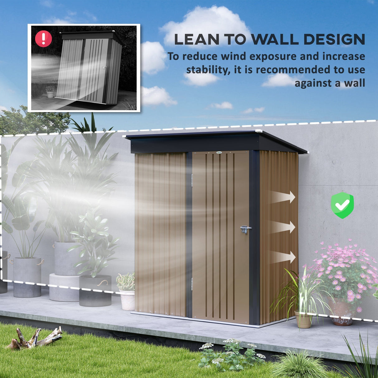 5 x 3ft Storage Shed with Lock - Brown Corrugated Steel